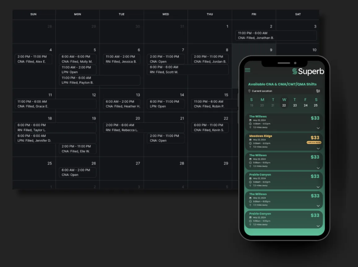 A digital calendar showing scheduled shifts for healthcare staff, alongside a smartphone screen displaying available shifts and their details for specific locations.