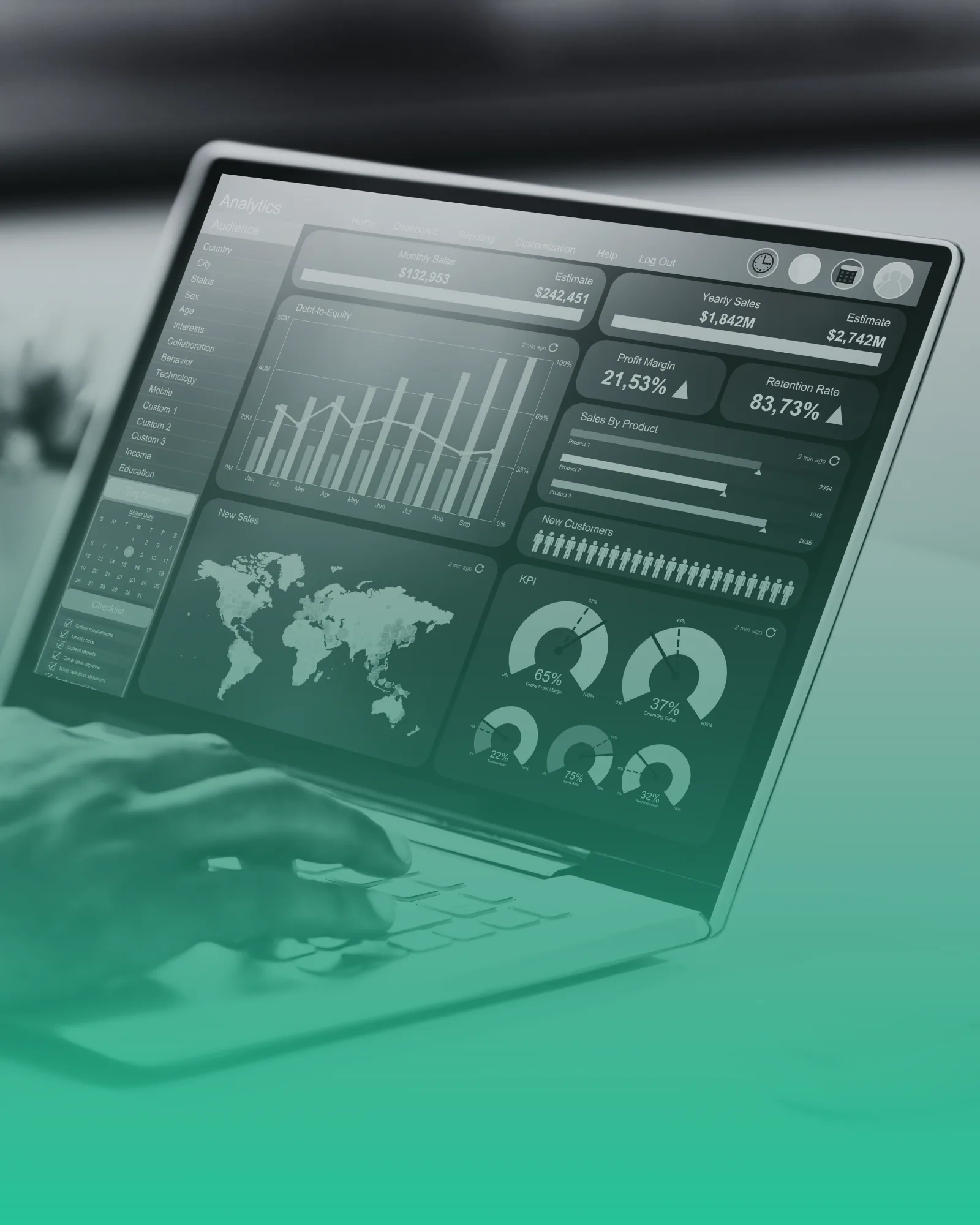 A tablet displaying analytics dashboard with graphs, maps, and sales data, held by a person's hand.