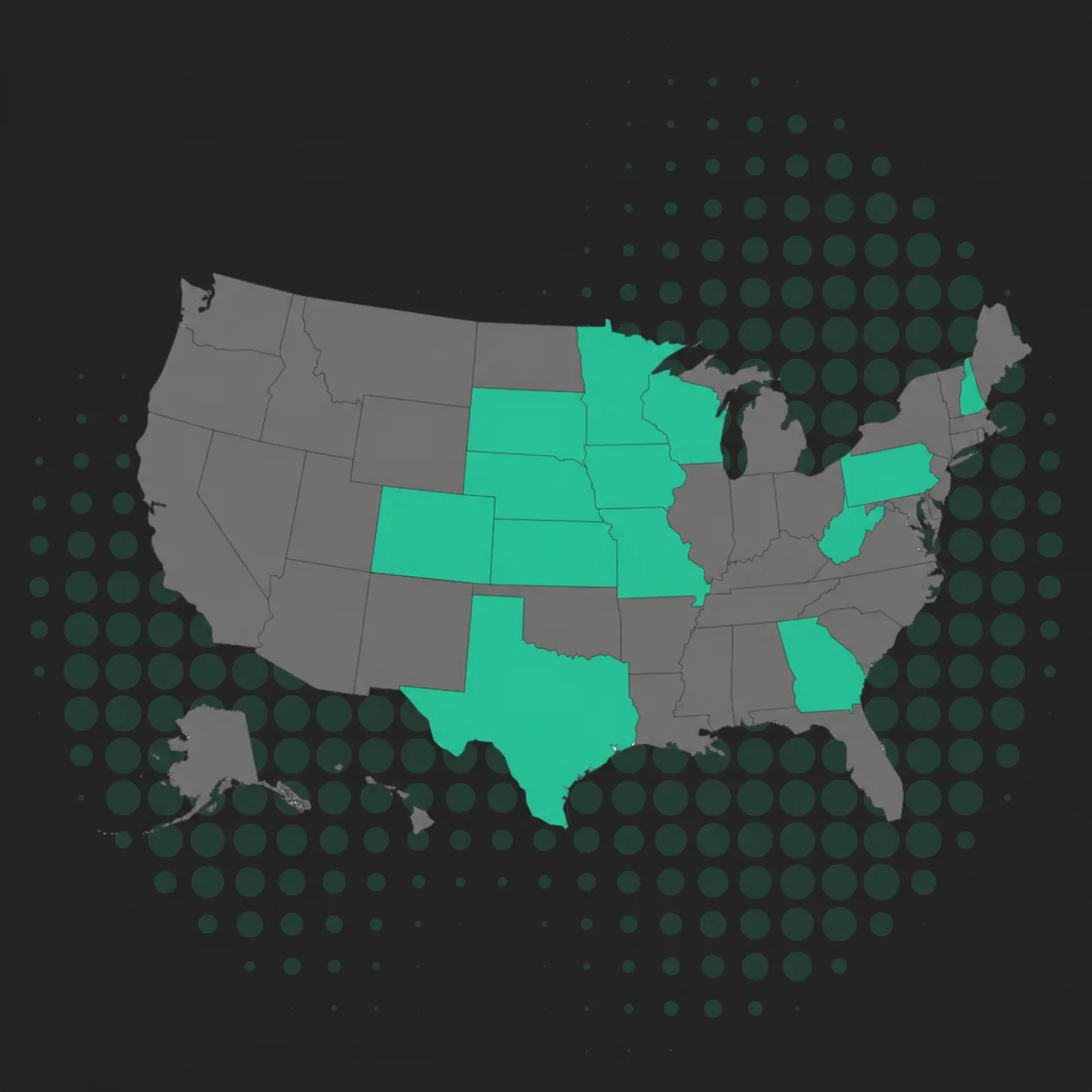 Map of the United States showing selected states in turquoise color against a dark background with dotted circular patterns, including Texas, Florida, Michigan, and others.