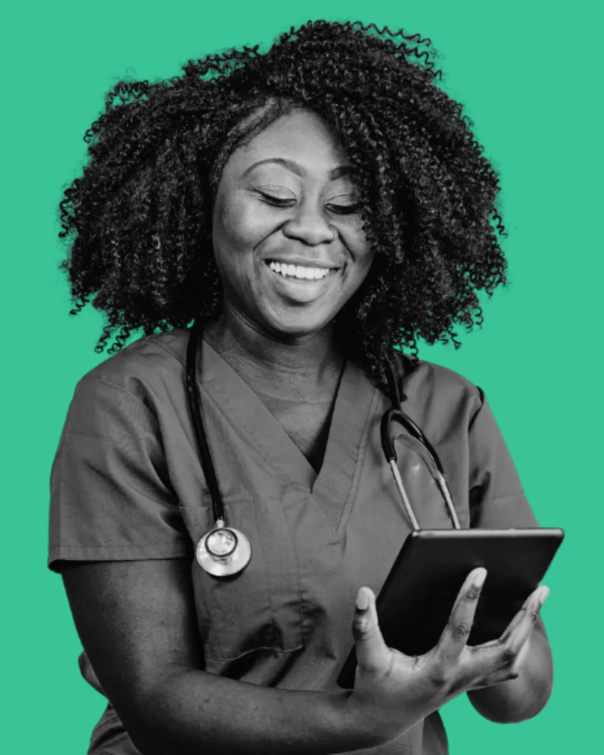 A smiling female healthcare professional with curly hair, wearing scrubs and a stethoscope, looking at a smartphone against a teal background.