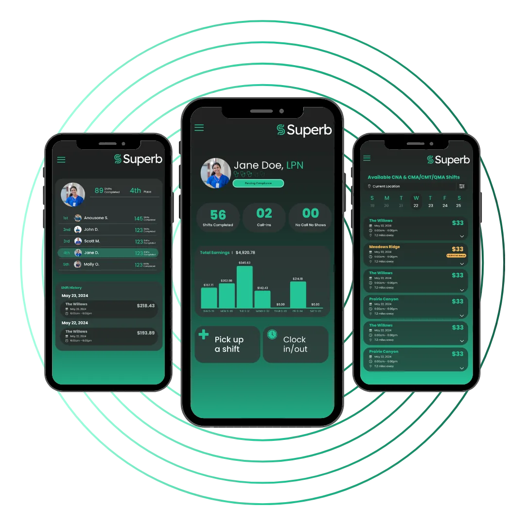 Mobile app interface named 'Superb' showing employee shift management features, including shift details, earnings, and scheduling.