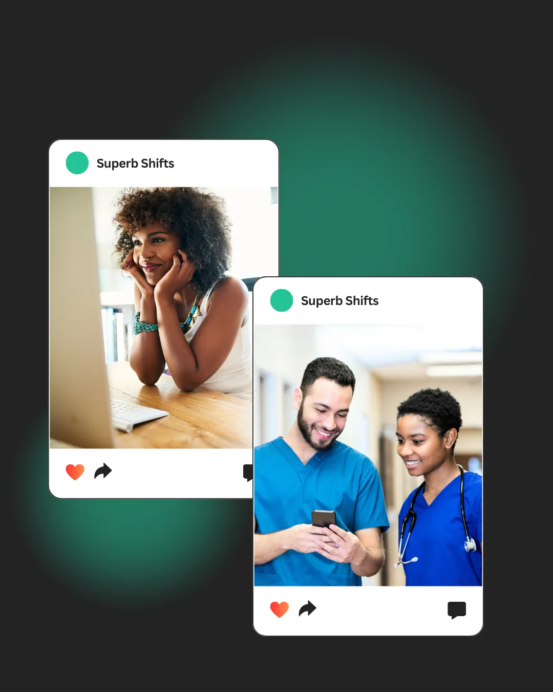 Two social media posts labeled "Superb Shifts," featuring healthcare professionals, a woman with curly hair working at a computer and a man with a beard in blue scrubs looking at a phone with a woman in blue scrubs.