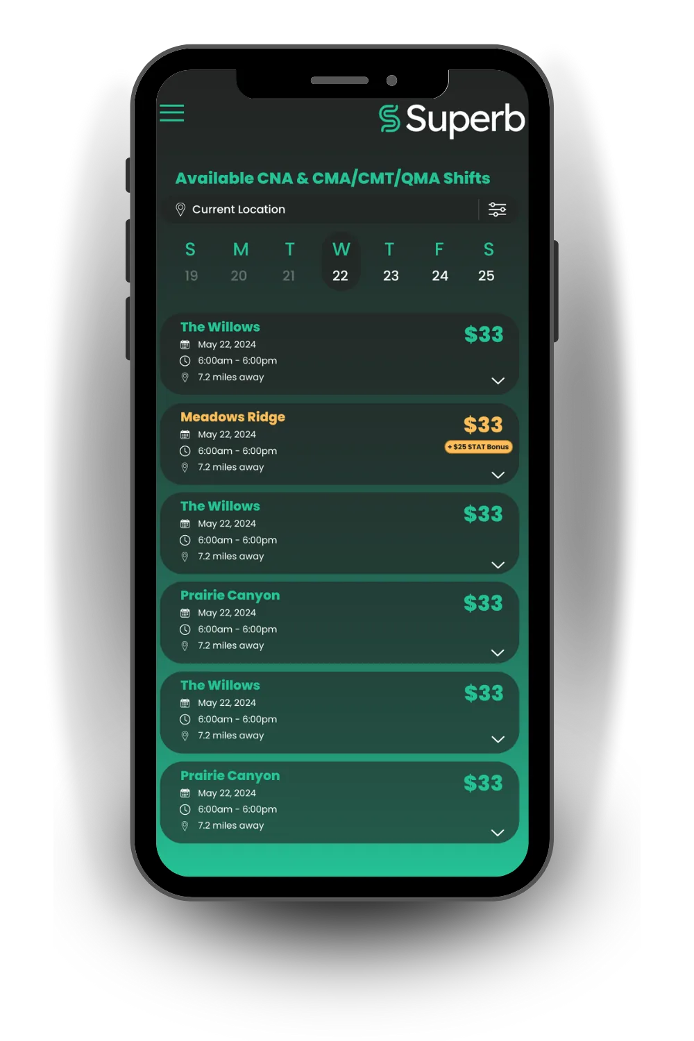 Mobile app screen showing scheduling options for CNA & CMA shifts with locations, dates, times, prices, and distance.