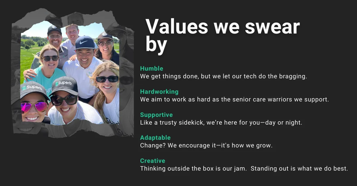 A group photo of smiling people wearing sunglasses and caps, outdoors on a golf course, with a list of values on a black background next to the image that includes Humble, Hardworking, Supportive, Adaptable, and Creative.